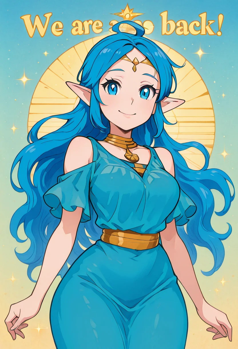masterpiece, best quality, solo, curvy, beautiful eyes, narrow waist, wide hips, 1girl, solo, smile, looking at viewer, foreshortening, close up, anime screenshot, zzNayru, blue eyes, blue hair, bare shoulders, jewelry, very long hair, blue dress, elf, circlet, large breasts, ,<lora:NayruZelda_IXL_v2:1.0>,, smile, looking at viewer, We4reSoB4ck, text, gradient background, ,<lora:We4reSoB4ck_IXL_v1:1.0>,