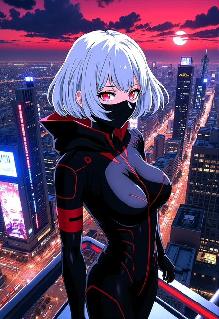 a futuristic female vigilante with short, flowing silver hair with long bangs, standing atop a skyscraper in a bustling cyberpunk city. She is dressed in a black, armored suit with red accents, featuring numerous straps and a hood with pointed tips. Her glowing red eyes are visible through a sleek black mask made of ornament alloy. The background reveals a sprawling cityscape with neon lights, holographic advertisements, and towering buildings, with the crimson moon hanging low in the sky, casting an ominous glow over the scene.
motion lines effect, anime screencap,