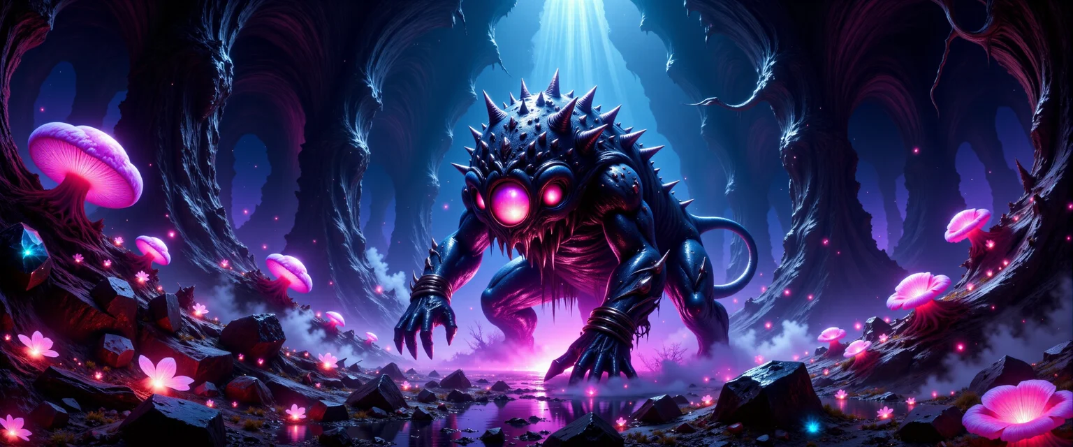 high fantasy style, deep in the crystalline caverns of planet "nuntarn i" roams a silicon-based life form, the "big-eyed thunderwilly", shown here as it is emerging from its tunnel lair in the vibrant, gemstone-studded walls of the underground blortze, this creature is covered in crystalline shmagger arranged in beautiful fractal patterns, reflecting the iridescent glow of the bioluminescent fungi around it, one should watch out for its dangerous enforbled tail, extremely detailed and intricate background, jeddrkfn, dark fantasy, eerie, <lora:style-dark_fantasy-flux-by_jedas:0.8> <lora:style-fantastic_landscapes-flux-by_artifyai:0.48> <lora:image_enhancer-flux-by_dever:0.8>