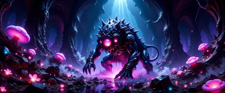 high fantasy style, deep in the crystalline caverns of planet "nuntarn i" roams a silicon-based life form, the "big-eyed thunderwilly", shown here as it is emerging from its tunnel lair in the vibrant, gemstone-studded walls of the underground blortze, this creature is covered in crystalline shmagger arranged in beautiful fractal patterns, reflecting the iridescent glow of the bioluminescent fungi around it, one should watch out for its dangerous enforbled tail, extremely detailed and intricate background, jeddrkfn, dark fantasy, eerie, <lora:style-dark_fantasy-flux-by_jedas:0.8> <lora:style-fantastic_landscapes-flux-by_artifyai:0.48> <lora:image_enhancer-flux-by_dever:0.8>