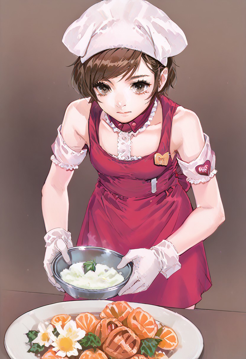 score_9, score_8_up, score_7_up, score_6_up, score_5_up, score_4_up, indoors, kitchen,
1girl, solo, 
 <lora:diberkato:1> master chef MEIKO cooking in a well equipped kitchen a culinary masterpiece, vegetable, pumpkin, carrot, cucumber, zucchini, bell pepper, onion, bags and pots of herbs and spices, shelves with dry ingredients, flowers, nuts, dried fruit, fresh fruit, oil bottles,
<lora:Meiko_VOCALOID_Pony_XL:0.7> vocaloid meiko, midriff, crop top, skirt, short hair, brown hair, detached collar, brown eyes, gloves, 
<lora:cooking_pot:0.8> cooking pot, 
chef hat, holding, dish detail, 
<lora:annamiller_Pony_v1:0.8> anna miller,