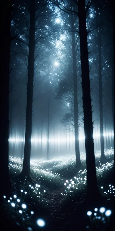 landscape photography of a forest landscape at night covered in ethereal flowers,white tint
(quantum waveform:0.5),<lora:M05_Intensify:1>