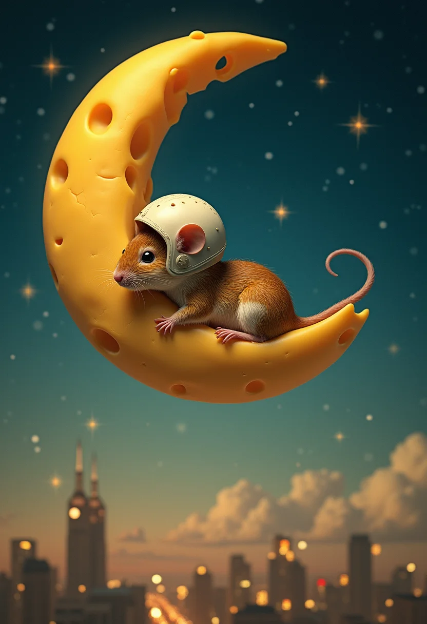 The image depicts a mouse wearing a helmet reclining on a crescent-shaped piece of cheese, which floats serenely in a night sky speckled with stars. The cheese moon is positioned above a cityscape, adding a touch of surrealism.
Style:
The style is a blend of surrealism and food photography. The image maintains the dreamlike quality of the original, but with a playful twist. The cheese adds a tactile element, inviting the viewer to imagine the texture and aroma.
Color Scheme:
The color palette is warm and inviting, with shades of golden yellow, creamy white, and deep brown. The cheese would have a rich, buttery hue, contrasting beautifully with the deep blue of the night sky. The stars would retain their soft white glow.
Details:
The cheese moon would have a slightly uneven surface, with subtle cracks and crevices.
The mouse skin would have a warm, golden tone, complementing the color of the cheese.
The cityscape would recede into the background, creating a sense of depth and perspective.
Tones and Palette:
The overall tone of the image would be one of warmth and comfort. The cheese, with its rich colors and inviting texture, would evoke a sense of indulgence and pleasure. The night sky, with its twinkling stars, adds a touch of magic and wonder.
Overall Impression:
This reimagined image retains the surreal and dreamlike quality of the original, but with a playful and whimsical twist. The use of cheese as the central element adds a tactile and sensory dimension, inviting the viewer to imagine the taste and aroma of this fantastical scene.
Additional Notes:
The cheese could be any type, but perhaps a Gruyère or Comté with its distinct holes would add to the visual interest.
The image could be further enhanced with subtle lighting effects, such as a soft glow emanating from the cheese moon.