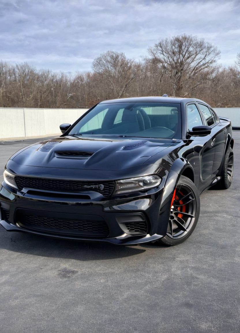 black chargerhellcatsrt, parked, front view, low-angle view
 <lora:ChargerHellcatSDXL:1>