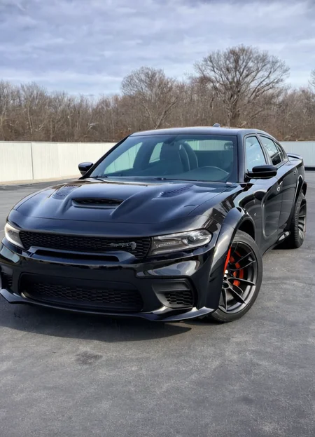 black chargerhellcatsrt, parked, front view, low-angle view
 <lora:ChargerHellcatSDXL:1>