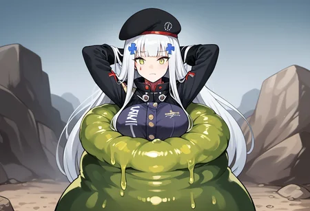 NSFW, looking down, masterpiece, best quality, amazing quality, very aesthetic, score_9,score_8_up, score_7_up, score_6_up, BREAK, official art, solo, outdoors, upper body, (portrait:1.5), looking at viewer, facing viewer, blush, hk416 (girls' frontline), hat,beret, black headwear, very long hair, white hair, x hair ornament, sidelocks, blunt bangs, green eyes, facial mark, teardrop, military jacket, purple jacket, clothes writing, uniform, white gloves, long sleeves, black sleeve, german flag, large breasts, skindentation, <lora:HK416(gf)-Pony:1.3>, (score_9, score_8_up, score_7_up, score_6_up, score_5_up, score_4_up), source_anime,<lora:vore_lower_body-2:1>, slime creature, restrained, being eaten, vore, Like like, monster, <lora:Like like illus:1>, arms out, arms behind head,