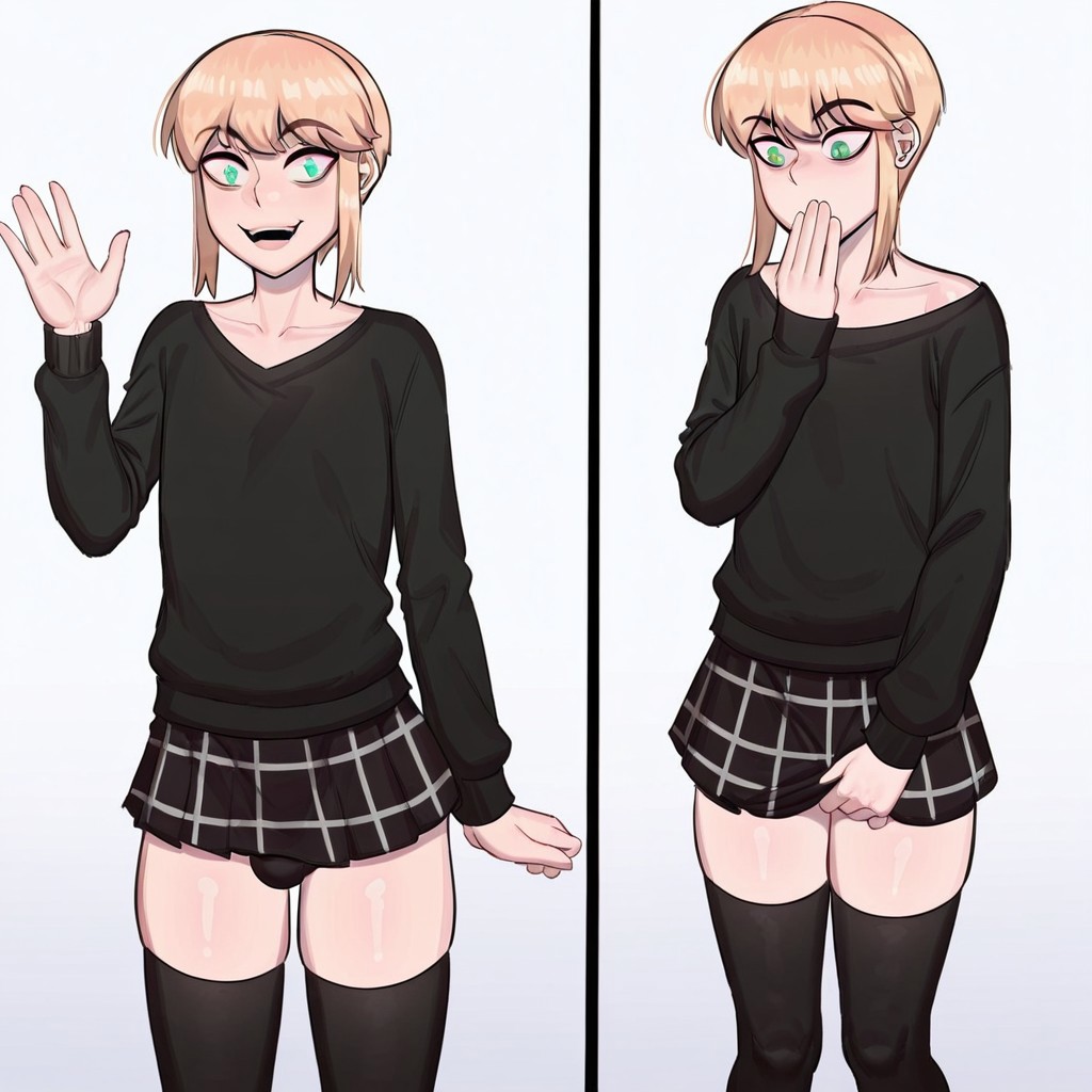 Kieren,blonde hair,medium hair,green eyes,sweater,skirt,thigh socks,1boy,solo,expressive, masterpiece,best quality,amazing quality,,solo,bulge