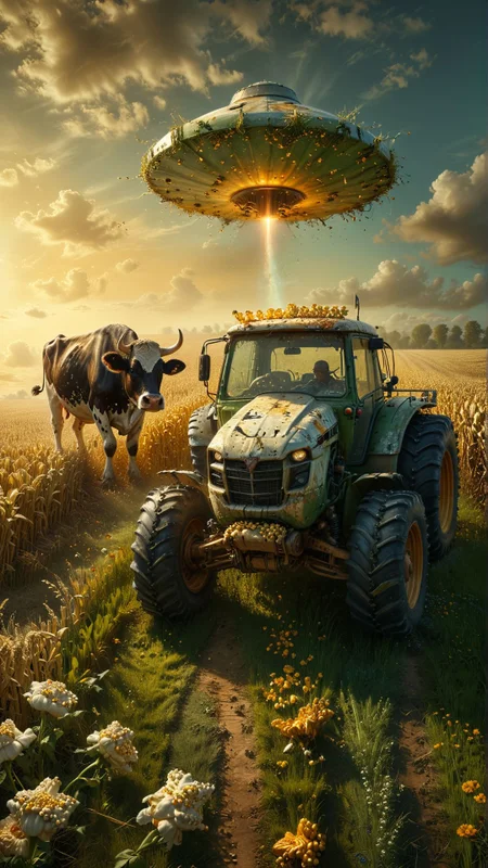 a ufo pulling a cow out of a cornfield with a laser, tractor and farmer yelling, a lady plays piano in the field, man selling popcorn on a cart 
award winning artwork,
many details, extreme detailed, full of details,
Wide range of colors., Dramatic,Dynamic,Cinematic,Sharp details
Insane quality. Insane resolution. Insane details. Masterpiece. 32k resolution.
 <lora:add-detail-xl:0.65> <lora:casting shadow style v2:0.1> casting shadow style, cucoloris patterned illumination <lora:CinematicStyle_v1:0.1> <lora:Disturbia:0.15> <lora:dvr-lnds-sdxl:0.1> dvr-lnds-sdxl <lora:MJ52:0.2> <lora:princess_xl_v2:0.1>  <lora:ral-dissolve:0.1> ral-dissolve <lora:ral-ertmsphr:0.1> ral-ertmsphr  <lora:ral-porcelain:0.3> ral-porcelain <lora:ral-pxlprtcl:0.31> ral-pxlprtcl  <lora:xl_more_art-full_v1:0.5>