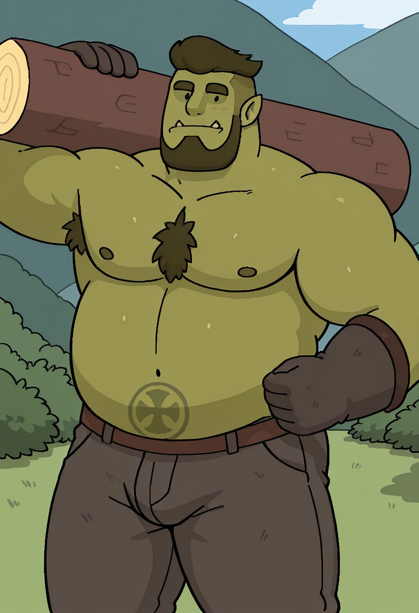 detailed background, masterpiece, best quality, amazing quality, detailed, newest, very aesthetic, RuliusRMA, orc, pectorals, chubby, fat, plump, facial hair, beard,1boy, bara, solo, male focus, black dot eyes, green skin, tusks, pants, outdoors background, smile, looking at viewer, holding a huge log over shoulder, topless male