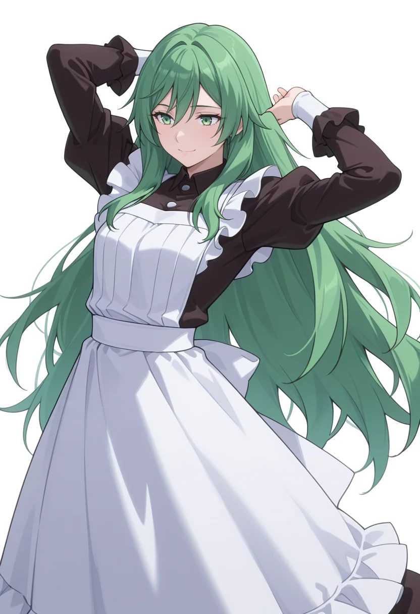 Smooth Quality,masterpiece,very intricate, high quality details, ultra realistic, high detailed skin,detailed enviorement,absurdres,
simple background, white background,
from side,jumping, arms raised, legs bent, happy face, energetic posture, ,sad smile,
<lora:Misery_cnn:0.8> 1girl, green hair, green eyes, hair between eyes, frown, very long hair, sidelocks,dress, shirt,maid apron, puffy sleeves, long sleeves, juliet sleeves, enmaided,