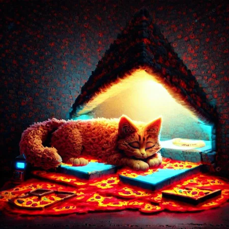 candy kitty, top down full body view, neon blue glow, ((cute adorable and fluffy cat sleeping ontop of a pizza what rests ontop of a pizza box)), futuristic robot cat, fluffy wild kitty cat, NightScapes, pizza, neko, cat, feline, cheese strings, juicy, perfectly baked pizza, juicy pepperony pizza, cozy atmosphere, creative light overlay, 4k, masterpiece, (masterpiece), best quality, (4K), (cinematic lighting), highly detailed, 8K, UHD, ultra detailed, immersive picture, vivid colors, volumetric light, cinematic light, extremely detailed CG, clutter, thrash, cluttered shed, boxes labeled 'stuff', tangled cables, tools, batteries, charger, 18650 randomness, various objects, wall painting, low key, spot lighting, BREAK glass jars, liquid,  glass, glass bottle, red liquid, backlit, sleeping neko cat,