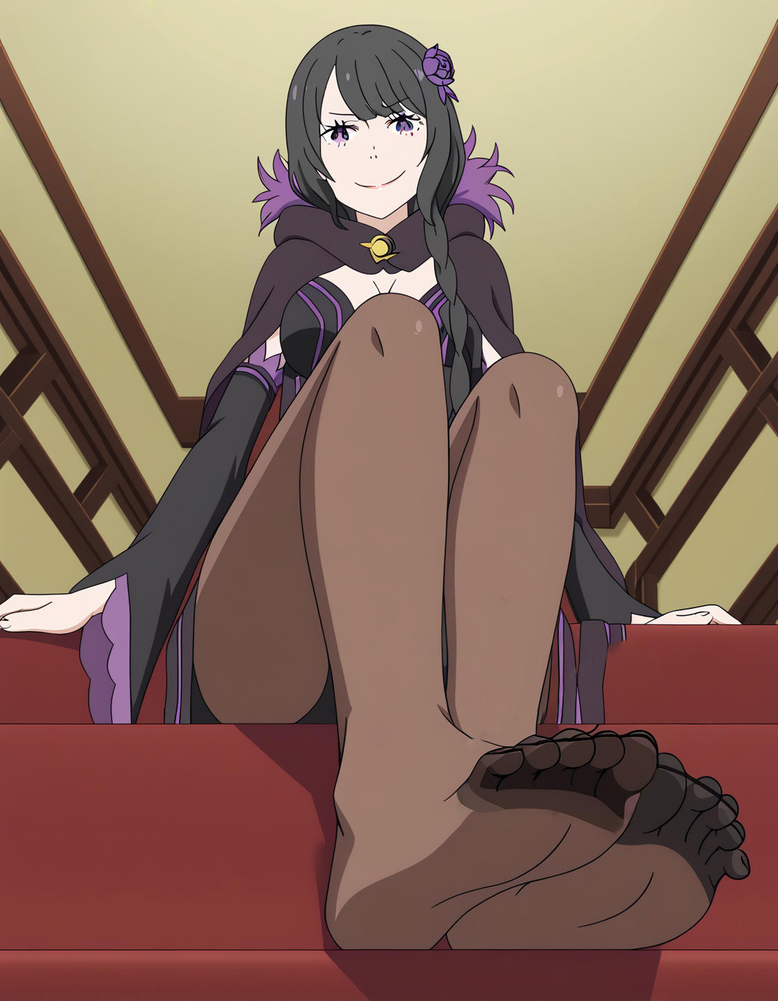 <lora:Elsa_Granhilte_ReZero:1>, re:zero, black hair, purple eyes, elsa granhilte, sitting, looking down at viewer, from below, pantyhose, foot, smirk