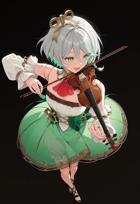 masterpiece, best quality, 1girl, solo, Cec1l1aDef, green eyes, winding key hair ornament, doll joints, grey hair, colored inner hair, streaked hair, short hair, side braid, detached collar, red ascot, strapless dress, detached sleeves, chest belt, green corset, gears, green skirt, bloomers, white shorts under skirt, gold trim, black sandals, musical note, dynamic angle, dutch angle, full body, playing violin, violin, holding violin, brown violin, :d, smile, dark theme, simple background, black background, <lora:ChamCeciliaImmergreenV2IllustriousXL:1>