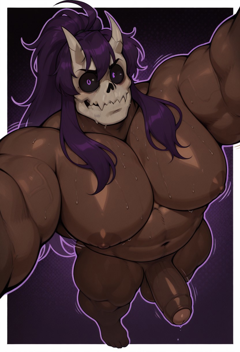masterpiece, best quality, bara, muscular male, male focus, solo, naked male, anthro, muscular male, oni, purple hair, ponytail, skullhead, purple pupils, horns, brown skin, full body shot, upper body, looking at viewer, intense stare,, bara, plump, wide shoulders, big pecs, wide shoulders, hard cock, massive pecs, nipples, bara, hand passively reaching out, floating, looking at viewer, dark purple background, midair, motion lines, alot of motion lines, intense motion lines, white borders around character, shiny body, sweat, dutch angle, nipples, 2023, 2024, masterpiece,best quality,amazing quality, halftone effect, small square background, pattern background, white background, simple background, low angle view, foreskin, low angle view,