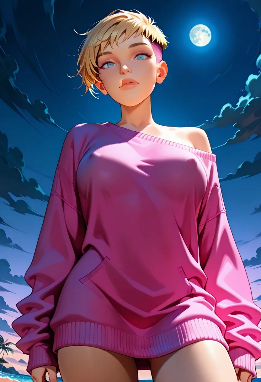 Semi-realism, close-up, masterpiece, masterpiece, best quality, very aesthetic, detailed face, (big expressive eyes:0.8), (dynamic:1), low angle, dynamic shot, EasyNegative_v2, (best quality:1.1), ultra-detailed, high resolution, super detailed skin, beautiful detailed eyes, nsfw, Brightly Lit, Highly Visible, 8k, sharp focus, beautiful, perfect lighting, masterpiece, best quality, amazing quality, absurdress, highly detailed, dramatic tarven light, dark environment
BREAK 1girl,sharona, blond hair, (pixie haircut:1.3), messy hair, lips, blue eyes, gorgeous, young, cute, tall, thin, sexy, beautiful, oversized sweater, knitted sweater, magenta sweater, off one shoulder, covered nipples, no pants, breasts,
BREAK
walking, contrapposto, provocative, surprise, glancing at viewer
BREAK beach, exciting image, sea, night, clouds, moon