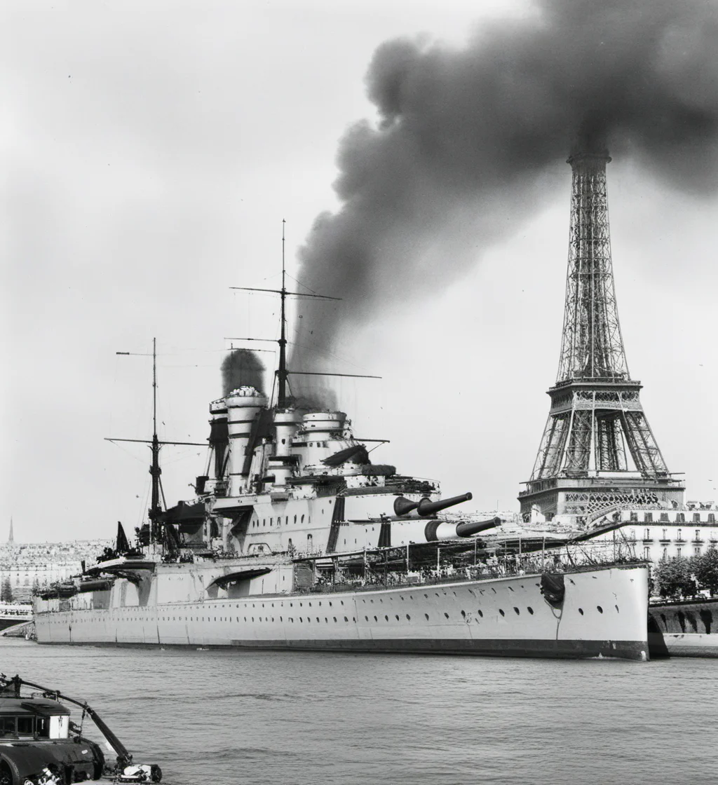 battleship, Black and white photos, city, Paris<lora:BATTLESHIP:0.7>