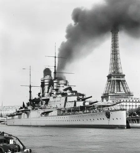 battleship, Black and white photos, city, Paris<lora:BATTLESHIP:0.7>