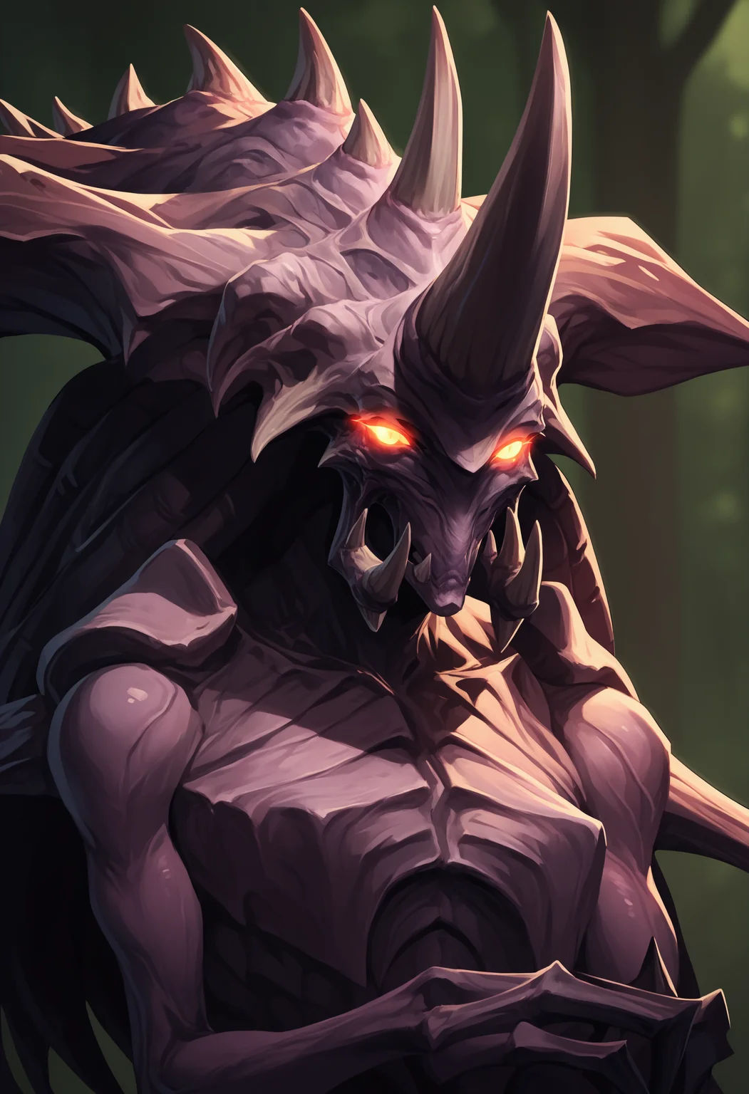score_9, score_8_up, score_7_up, score_6_up, score_5_up, score_4_up, 1girl, <lora:Zagara:0.8> , horns, no humans, monster, yellow eyes, solo, glowing, glowing eyes, spikes, upper body,
dark forest background, blurry background,