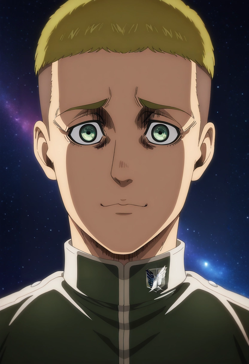 masterpiece, best quality, anime screencap, anime coloring, official style, intricate details, looking at viewer, , 1boy, male focus, green eyes, titian hair, crew cut,, solo, symmetry, space, stars, midnight, arms at sides, giggling, <lora:shingeki_no_kyojin_s4_style_ilxl:1.04>, shingeki_no_kyojin_s4_style,