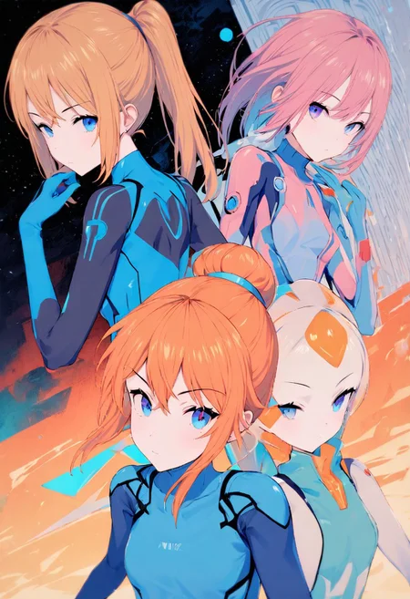masterpiece, a portrait of a zero suit samus, molly, bright colors,The color palette includes shades of blue, orange, and pink, creating a visually appealing contrast. The overall aesthetic is futuristic and whimsical, with a sense of adventure and fantasy.