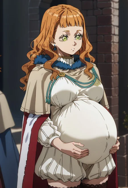score_9, score_8_up, score_7_up, 1girl, detailed, sidelocks,  pregnant, 
dress, cape, fur trim, thigh highs, orange hair, long hair, wavy hair, blunt bangs, green eyes, large breasts, earnings, jewelry, thinking, covered navel, white shirt,