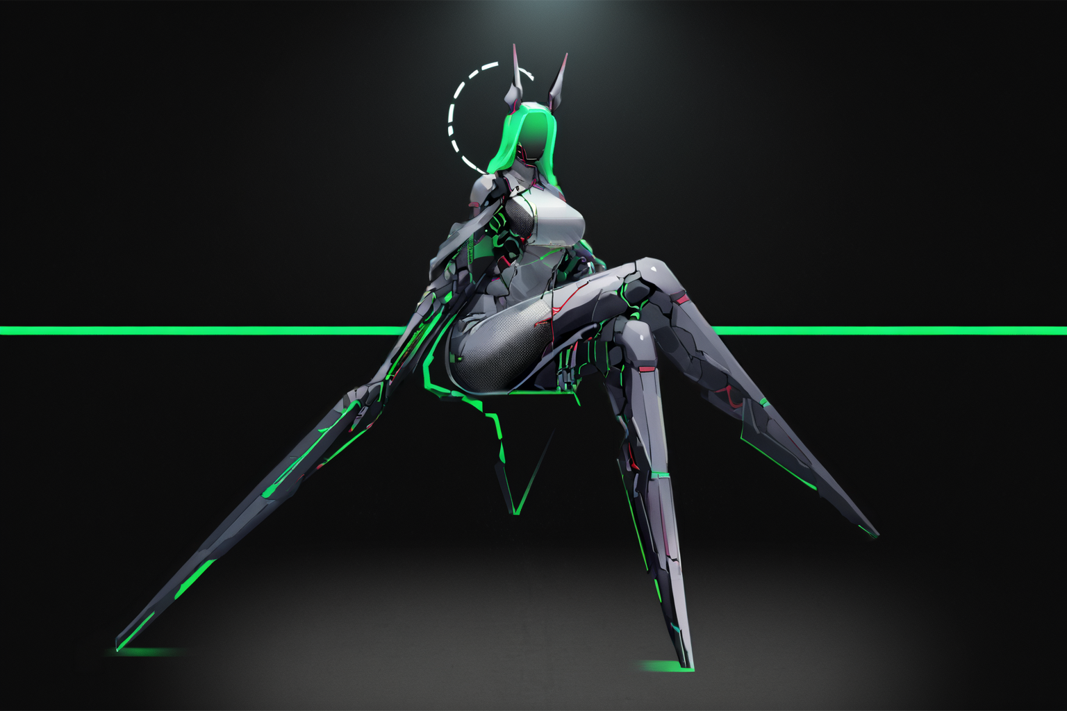 score_9, score_8_up, score_7_up, score_6_up, score_5_up, score_4_up, BREAK, source_anime, solo, 1girl, rating_safe, ((mature female)), ((long green flowing hair)), mechanical parts, ((plastic, polymer, metal body)), (big mechanical rabbit ears), mature female, (bunny ears), (animal ears), subdermal port, ((milf, mature female, big breasts)), hexagon lines in skin, naval uniform overcoat, naval uniform, white military uniform, dress_uniform, ribbons, ((red eyes)), bunny tail, rabbit tail, aiguillette, ((green hair)), ascot, ((Eye-level angle view Close shot (focus on knees), Sitting with legs crossed at ankles )), pilot suit, shoulder cutout, bunny rabbit Tail, ((hair over one eye, )), digitigrade, clawed feet, minimal clothes, ((metal skin, shiny skin, vampire aesthetic, digital eyes, filled eyes, monochromatic eyes, glowing eyes, colored sclera, red sclera, mechanical eyes, partially shaded face, slit pupils, angular, minimal face, minimalism, narrow eyes, large eyes)), (anubis \(mythology\), anubis \(mythology\), ), <lora:Pony_DetailV2.0:1.5>, <lora:age_slider_v4:4>, ((dark, shaded, black background, horror, GREEN HAIR,)) <lora:ECHANIS:0.7>,  <lora:HORiZON_DOLLS_by_EchanisEnicha:1> Robot girl