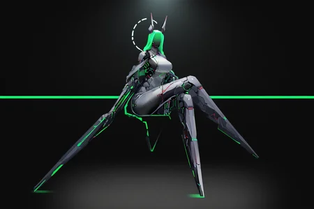 score_9, score_8_up, score_7_up, score_6_up, score_5_up, score_4_up, BREAK, source_anime, solo, 1girl, rating_safe, ((mature female)), ((long green flowing hair)), mechanical parts, ((plastic, polymer, metal body)), (big mechanical rabbit ears), mature female, (bunny ears), (animal ears), subdermal port, ((milf, mature female, big breasts)), hexagon lines in skin, naval uniform overcoat, naval uniform, white military uniform, dress_uniform, ribbons, ((red eyes)), bunny tail, rabbit tail, aiguillette, ((green hair)), ascot, ((Eye-level angle view Close shot (focus on knees), Sitting with legs crossed at ankles )), pilot suit, shoulder cutout, bunny rabbit Tail, ((hair over one eye, )), digitigrade, clawed feet, minimal clothes, ((metal skin, shiny skin, vampire aesthetic, digital eyes, filled eyes, monochromatic eyes, glowing eyes, colored sclera, red sclera, mechanical eyes, partially shaded face, slit pupils, angular, minimal face, minimalism, narrow eyes, large eyes)), (anubis \(mythology\), anubis \(mythology\), ), <lora:Pony_DetailV2.0:1.5>, <lora:age_slider_v4:4>, ((dark, shaded, black background, horror, GREEN HAIR,)) <lora:ECHANIS:0.7>, <lora:HORiZON_DOLLS_by_EchanisEnicha:1> Robot girl