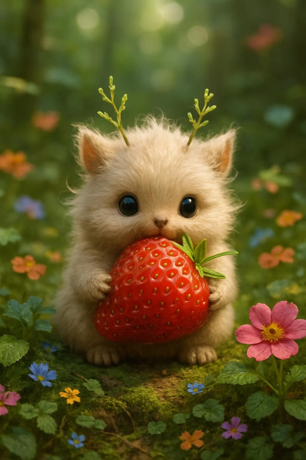 Generate me a tiny cute nature spirit in forest surrounded by colorful flowers and plants. Its eating an oversized strawberry. cute, fluffy, realistic, 8k, uhd, high quality, depth of field,