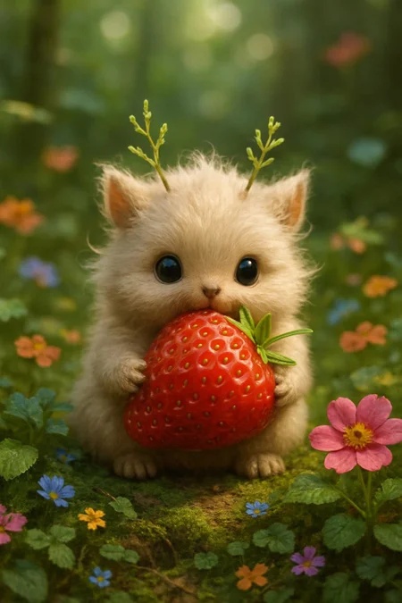 Generate me a tiny cute nature spirit in forest surrounded by colorful flowers and plants. Its eating an oversized strawberry. cute, fluffy, realistic, 8k, uhd, high quality, depth of field,
