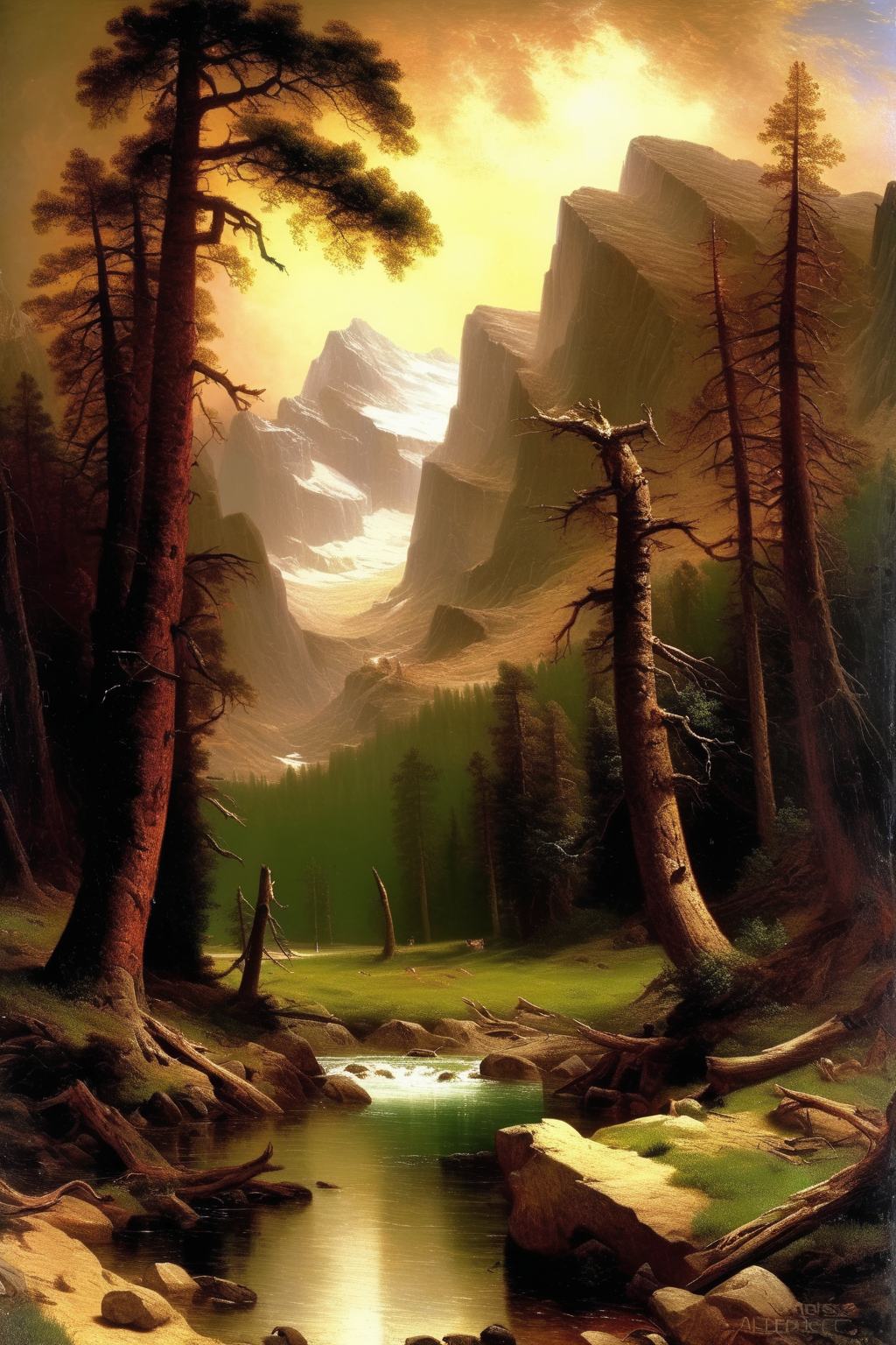 <lora:Worthington Whittredge Style:1>Worthington Whittredge Style - Among the Sierra Nevada Mountains Albert Bierstadt
