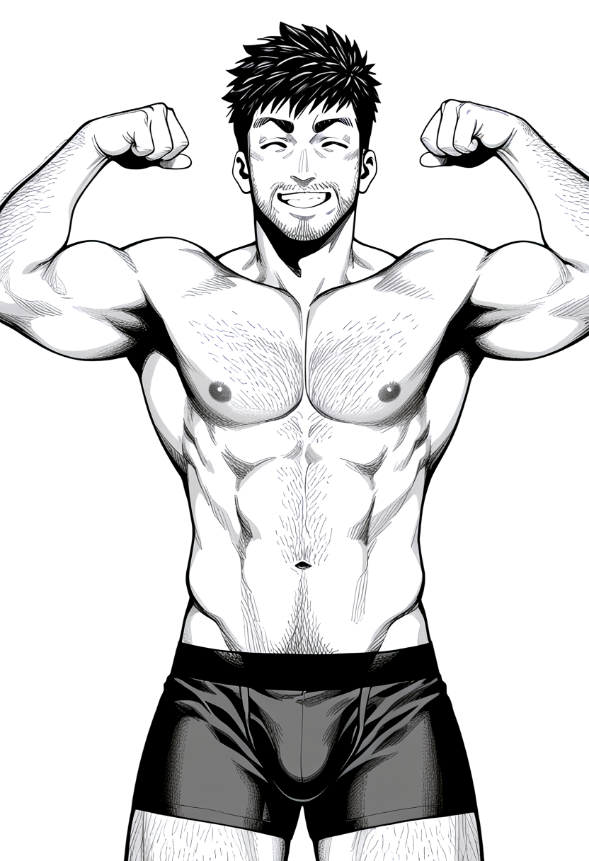 masterpiece, best quality, newest, absurdres, anime screencap, intricate details, good quality, very awa, highres, perfect proportions, perfect eyes, amazing quality, very aesthetic, 1boy, knkr4_g3n, black_g3n_hair, green_g3n_eyes, male focus, solo, mature male, muscular male, bara, g3n_mark, anime coloring, arm hair, beard stubble, facial hair, hairy, topless male, facing viewer, double biceps pose, smile, confident, looking at viewer, grin, black, boxer briefs, white background, simple background, cowboy shot, (navel hair:0.8), bulge, sketch, monochrome, greyscale,  shadow,  dynamic action, intricate lighting, intricately detailed illustration, depth of field,