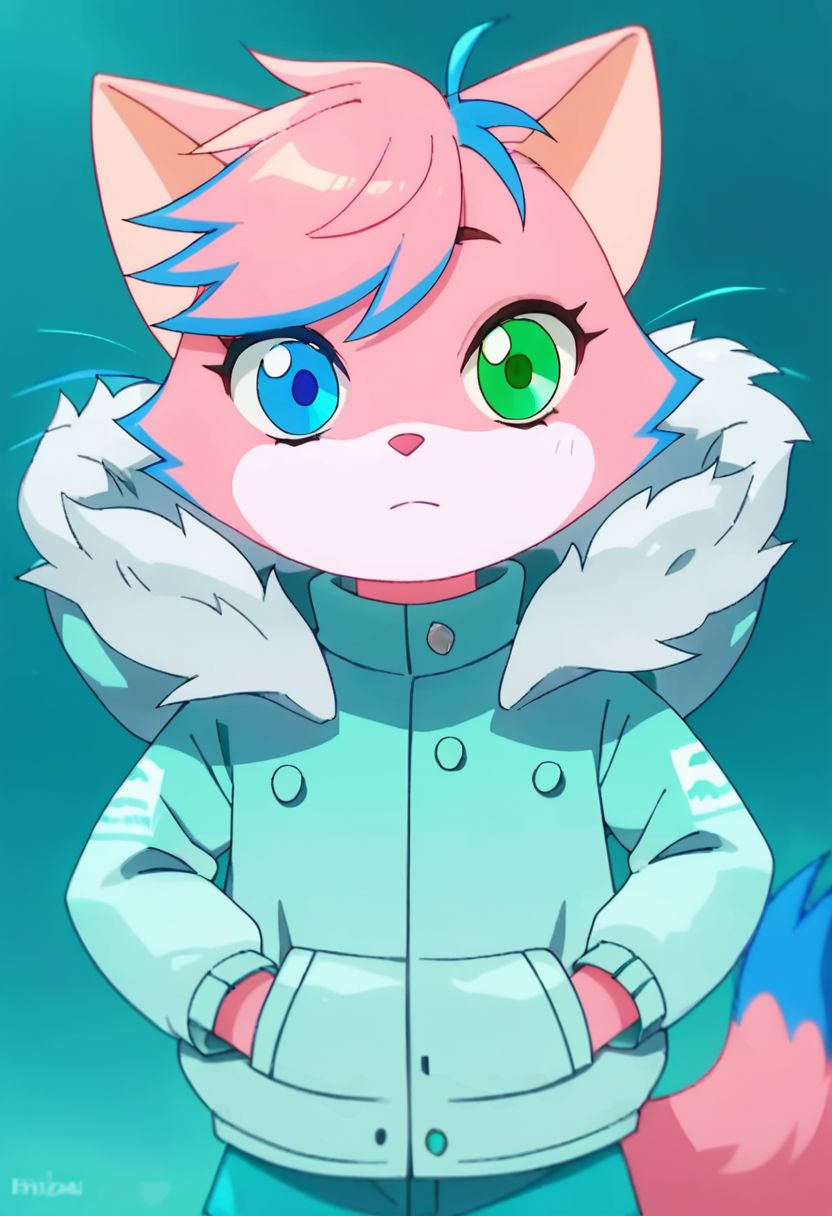 score_9, score_8, score_7, alphalexa, arctic jacket, heterochromia, green eyes, blue eyes, pink hair, blue hair