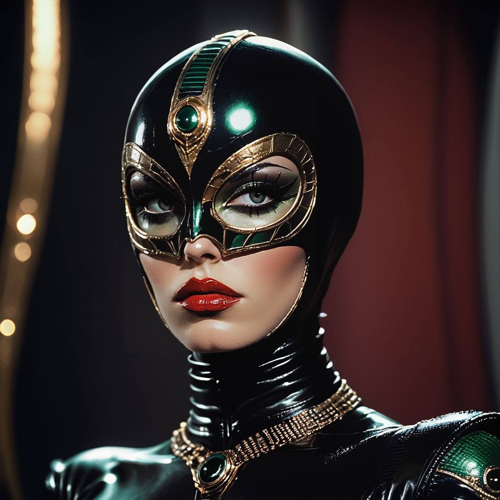 Score_9, score_8_up, score_7_up, score_6_up, BREAK  <lora:70sSci-FiMoviePony:1>  ArsMovieStill, movie still from a 1970s technicolor Sci-Fi movie, The image is a close-up of a woman's face and upper body. She is wearing a futuristic-looking mask with a metallic green color and a black and gold color scheme. The mask has a triangular shape with a pointed nose and a large eye hole in the center. The eyes are covered with a black mask that covers the entire face. The woman's lips are painted a deep red color and her eyebrows are furrowed. She has a choker necklace around her neck and is wearing black leather pants with gold accents. The background is blurred but it appears to be a dark and ornate setting with gold-colored objects. The overall mood of the image is dark and mysterious., 1girl, solo, mask, makeup, bodysuit, lipstick, looking at viewer, shiny, blurry, red lips