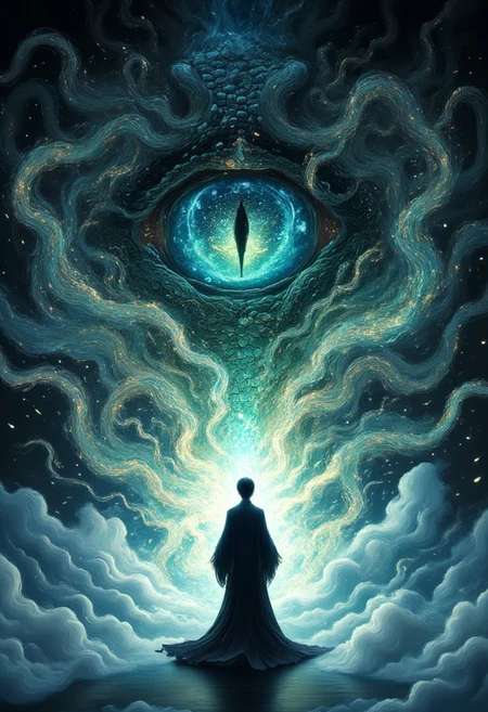 a striking and surreal scene that combines elements of both the natural world and fantasy. Dominating the composition is a massive, reptilian eye, filling almost the entire frame. The eye is highly detailed, with a slit-like pupil that suggests it belongs to a large, powerful creature, perhaps a Asian dragon or another mythical being. The texture around the eye is rugged and scaly, giving the impression of ancient, weathered skin. In the lower portion of the image, a solitary human figure stands before the eye, dressed in a flowing black robe. The figure is tiny in comparison to the colossal eye, emphasizing the vast difference in scale and power between the two. The person stands on a surface that appears to be water or mist, which reflects the eerie, otherworldly light that surrounds the scene. The atmosphere is misty and dreamlike, adding to the sense of mystery and awe. Overall, the image is both dramatic and thought-provoking, blending cultural elements with a fantastical imagination to create a visually captivating scene. Glitching face, blue, green snake, auralora