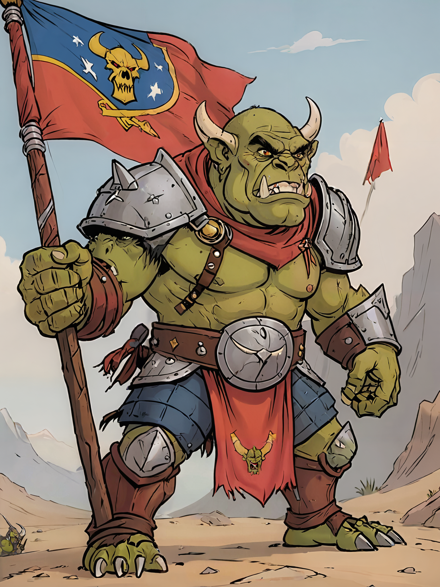 cartoon illustration, dumb looking orcs with tusks  in full armor,  battle flag in background ,   vivid colors, flat colors    <lora:extremely_detailed:-1> <lora:Cartoon_SDXL_V2-fixed:0.8>cartoon <lora:MJ52:0.2>