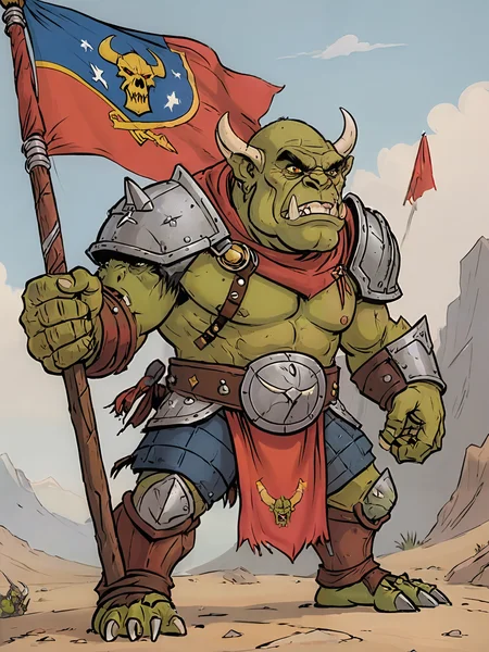 cartoon illustration, dumb looking orcs with tusks in full armor, battle flag in background , vivid colors, flat colors <lora:extremely_detailed:-1> <lora:Cartoon_SDXL_V2-fixed:0.8>cartoon <lora:MJ52:0.2>