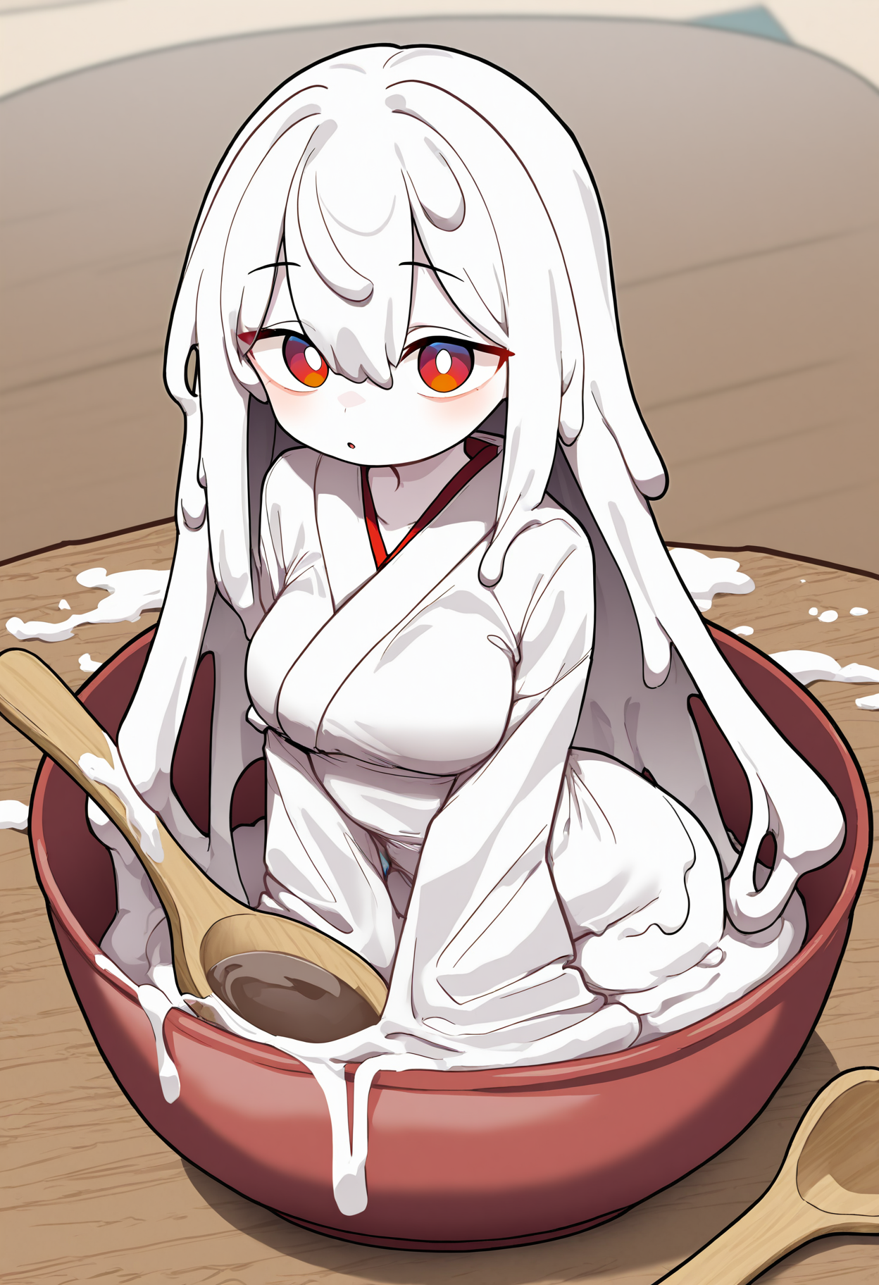1girl, solo, minigirl, miko, monster girl, slime girl, goo humanoid, goo creature, <lora:slime_girl_noobvPred10_v3-000025:1>, 
anime style, <lora:aigc_anime_style_noobvPred10_v3:1>, bowl, in bowl, wooden spoon, 
on desk, looking at viewer, legless, bottomless, 
colored skin, white skin, puddle, 
white hair, long hair, red eyes, white pupils, medium breasts, 
general, masterpiece, best quality, very awa, newest, absurdres, highres,