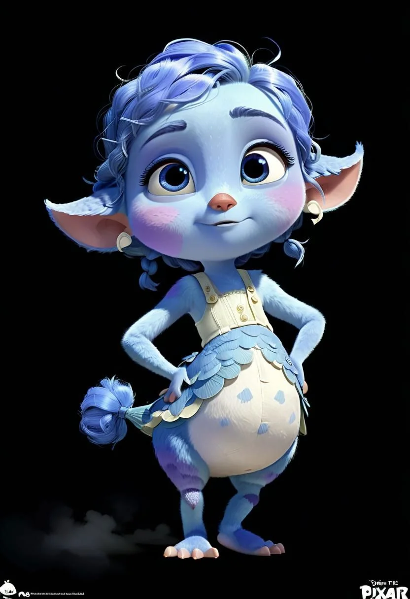 In the whimsical world of Pixar, a charming new character springs to life like a watercolor painting brought to animation, The character is small, not more than a foot in height, with a round, plump body that exudes an irresistibly endearing charm, The character's base color is a soft, soothing shade of periwinkle blue, akin to the gentle hues of twilight, It's adorned with dappled, luminescent spots of aqua and lilac, which resemble the play of moonlight on water, These spots seem to shimmer and twinkle as the character moves, adding a touch of magic to its appearance, Large expressive eyes dominate the character's face, They glisten with an inviting warmth, and their irises are the color of deep, rich honey, reflecting wisdom and kindness beyond their years, Wisps of feathery, lavender-colored eyebrows frame these soulful eyes, adding to the character's endearing expressiveness, Graphic illustration vs comic art, cat black and silver abstract beauty, centered, looking at the camera, approaching perfection, dynamic, moonlight, highly detailed, digital painting, artstation, concept art, smooth, sharp focus, illustration, art by Carne Griffiths and Wadim Kashin