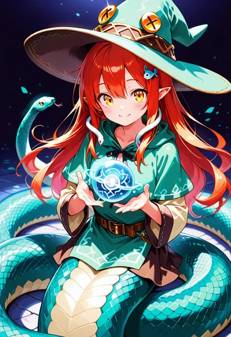 masterpiece, ultra-detailed, best quality, 8K, illustration, absolutely eye-catching,
1girl, solo, sn4ke, snake girl, lamia,
cute girl,
BREAK
cute, teenage, pointed ears, smile, highly detailed beautiful face and eyes, long hair, hair ornament, mage tunic, magic orb, mage hat, holding a brilliant magic orb, snake tail, kawaii, excited, coiled snake body, detailed,