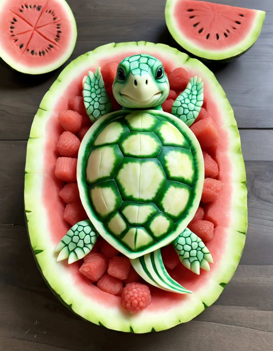 a photo of an adorable seaturtle, realistic, 8k, adorable watermeloncarving  <lora:xiguadiaosdxllora:0.5>  <lora:FoodIcons:0.5>