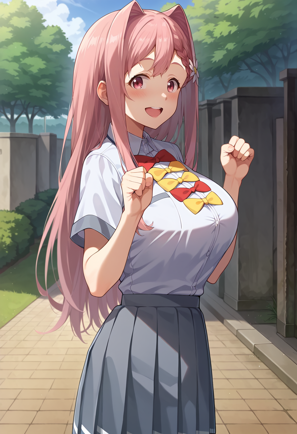 score_9, score_7_up, hd, (ultra hd quality details), source_anime, outdoors,
solo, 1girl, mkhekaren, long hair, hair intakes, braid, hair flower, large breasts,
school uniform, white shirt, short sleeves, bowtie, shirt tucked in, grey skirt, pleated skirt, kneehighs,
looking at viewer, blush, smile, upper teeth only, 
hands up, from side, clenched hands, 
 <lora:_karen_himemiya-elesico-ponyA-e07:1>