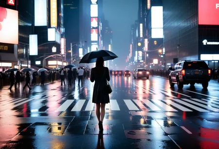 a girl crossing a sreet by the security strip, in a big rainy city lik new york or tokyo at night