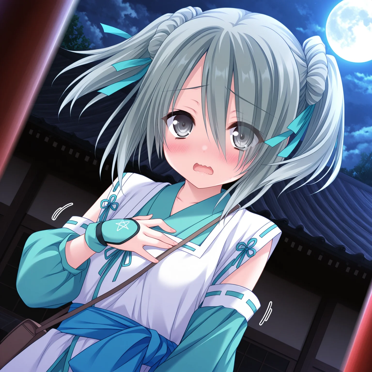 absurdres,highres,masterpiece,best quality,amazing quality,official anime artwork,outdoors,
game cg,moekibara fumitake,
1girl,solo,
(Volumetric Lighting,Cinematic Lighting),
shrine,night,cloudy sky,full moon,
floating hair,dutch angle,hand on own chest,
upper body,((close-up)),
blush,wavy mouth,open mouth,shy,
dynamic pose,motion lines,motion blur,
BREAK <lora:Takenaka_Hanbee_ONY_illuV01_b3g2plw1c1ogwdblr_spd_d32a16_lr341y273_rvs_ppsf_atan2_lr540y38_b>,
TH_ONY,grey hair,short hair,long bangs,short twintails,green ribbon,hair ribbon,grey eyes,hair over one eye,eyes visible through hair,brown shoulder strap,white overcoat,green short kimono,green detached sleeves,puffy sleeves,front slit,green trim,green wrist guards,pentagram print wrist guards,blue sash,long sash,small brown messenger bag,
