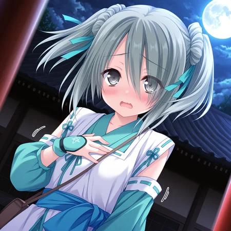 absurdres,highres,masterpiece,best quality,amazing quality,official anime artwork,outdoors,
game cg,moekibara fumitake,
1girl,solo,
(Volumetric Lighting,Cinematic Lighting),
shrine,night,cloudy sky,full moon,
floating hair,dutch angle,hand on own chest,
upper body,((close-up)),
blush,wavy mouth,open mouth,shy,
dynamic pose,motion lines,motion blur,
BREAK <lora:Takenaka_Hanbee_ONY_illuV01_b3g2plw1c1ogwdblr_spd_d32a16_lr341y273_rvs_ppsf_atan2_lr540y38_b>,
TH_ONY,grey hair,short hair,long bangs,short twintails,green ribbon,hair ribbon,grey eyes,hair over one eye,eyes visible through hair,brown shoulder strap,white overcoat,green short kimono,green detached sleeves,puffy sleeves,front slit,green trim,green wrist guards,pentagram print wrist guards,blue sash,long sash,small brown messenger bag,