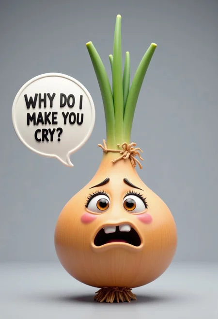 An onion character in a 3D representation Toy Story style, in a speech bubble says the text: "WHY DO I MAKE YOU CRY?",
Gray background, photography studio lighting for a commercial,
Comic and humorous image full of irony to print on a t-shirt, it should create a smile when seen, so the character's features will tend to be humanized, expressing sadness and anger, to provoke laughter in the viewer
(photorealistic), masterpiece: 1.5, beautiful lighting, best quality, intricate details, all in sharp focus, photography, supreme resolution, 32K, ultra-sharp, extremely shallow depth of field,detailmaximizer, aidmaTextImprover,