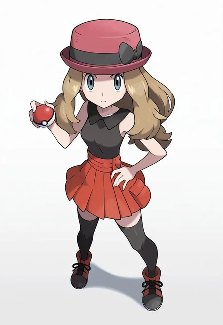 Masterpiece, high quality, flat colors, anime screenshot, anime screencap, 1girl, solo, skirt, thighhighs, hat, long hair, poke ball, holding, full body, black thighhighs, shirt, hand on hip, from above, Serena_(pokemon), dynamic pose