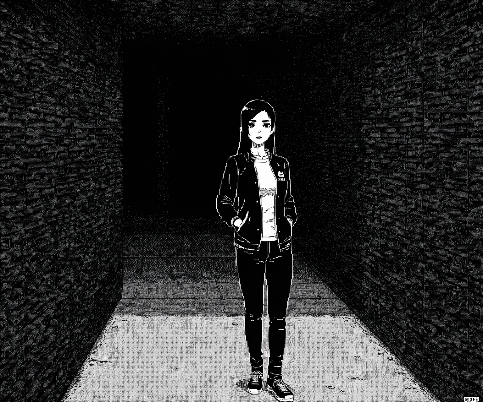 masterpiece, best quality, amazing quality,  1girl, solo, jacket, pants,  horror \(theme\), <lora:World of Horror style:1.2> WoH, pixel art, grayscale, monochrome