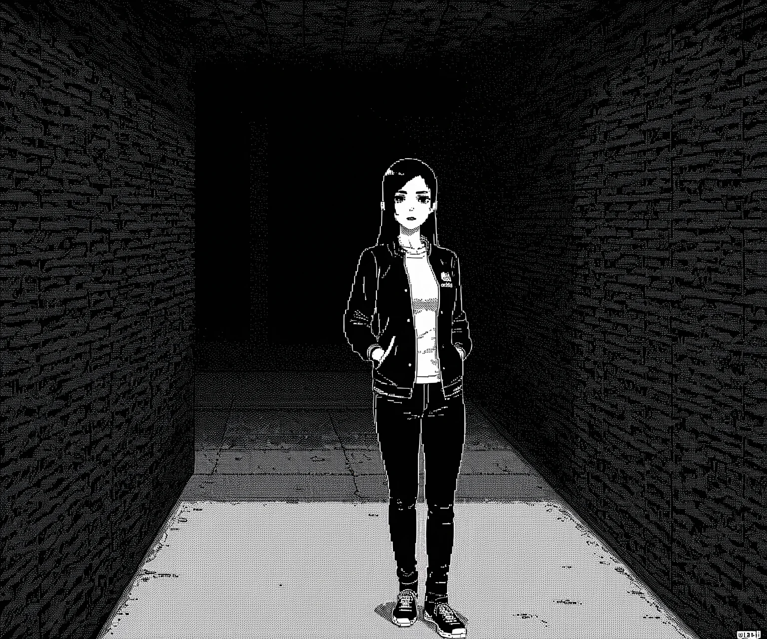 masterpiece, best quality, amazing quality,  1girl, solo, jacket, pants,  horror \(theme\), <lora:World of Horror style:1.2> WoH, pixel art, grayscale, monochrome