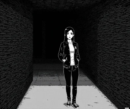 masterpiece, best quality, amazing quality, 1girl, solo, jacket, pants, horror \(theme\), <lora:World of Horror style:1.2> WoH, pixel art, grayscale, monochrome