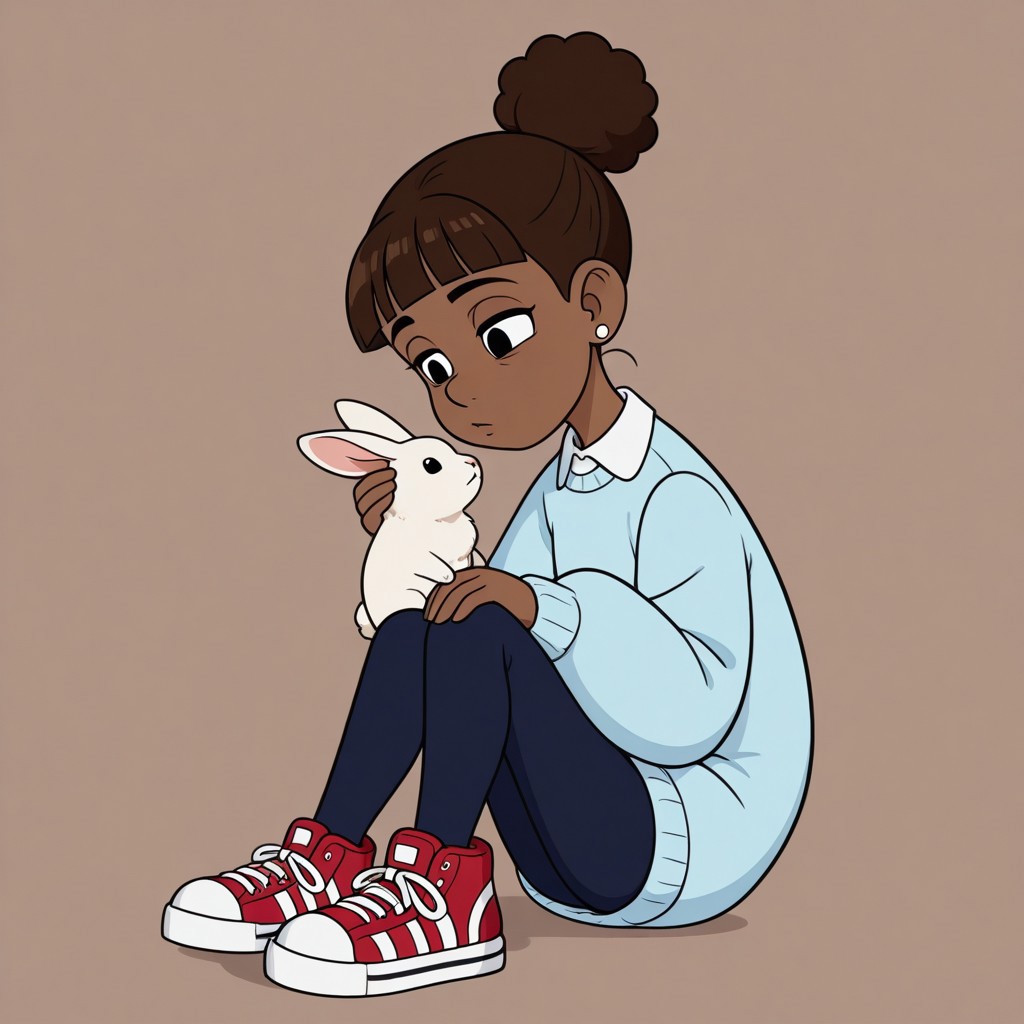 Marsha, 1girl, solo, Dark skin, dark brown hair in a high bun, straight bangs, small round earrings, light blue sweater with a white collar, dark blue leggings, red sneakers.
Marsha petting a rabbit